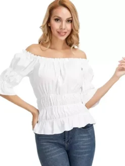 Half Sleeves Tees Black Pleated Off-The-Shoulder Women T Shirt
