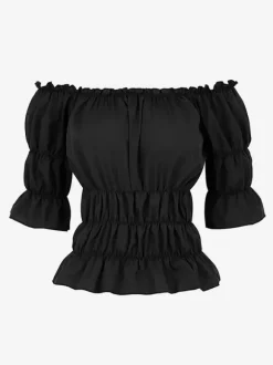 Half Sleeves Tees Black Pleated Off-The-Shoulder Women T Shirt