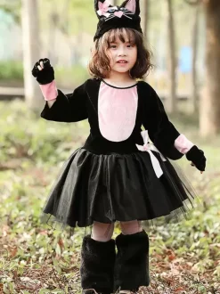 Halloween Animal Role Costume Cosplay Black Pink Cat Bow Costume