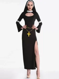 Halloween Carnival Costume Black Dress Hood Polyester Women Nun Set Mardi Gras Holidays Costumes