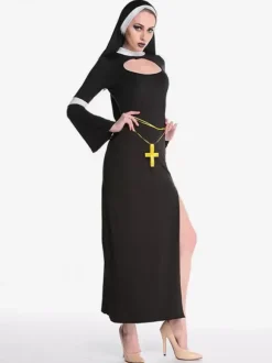 Halloween Carnival Costume Black Dress Hood Polyester Women Nun Set Mardi Gras Holidays Costumes