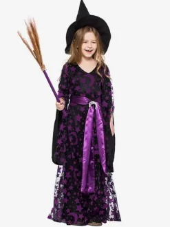 Halloween Child Witch Cosplay Costume Kids Dresses Sash Hat 3 Pieces Carnival
