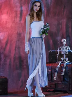 Halloween Costume White Headwear Dress Polyester Women Corpse Bride Set Holidays Costumes