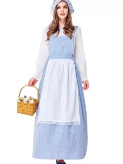 Halloween Costumes Women's Maid Pastoral Style Dress Apron Headwear Cotton Holidays Costumes