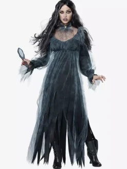 Halloween Ghost Bride Costumes For Women Black Lace Long Dress Polyester Holidays Death Costumes