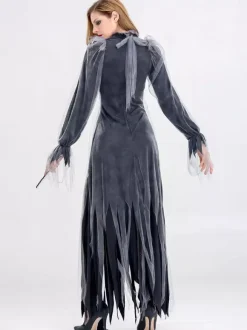 Halloween Ghost Bride Costumes For Women Black Lace Long Dress Polyester Holidays Death Costumes