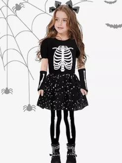 Halloween Girls' Skeleton Costume Cute Spooky Outfit For Trick-or-Treat
