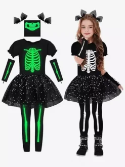 Halloween Girls' Skeleton Costume Cute Spooky Outfit For Trick-or-Treat