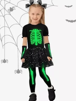 Halloween Girls' Skeleton Costume Cute Spooky Outfit For Trick-or-Treat