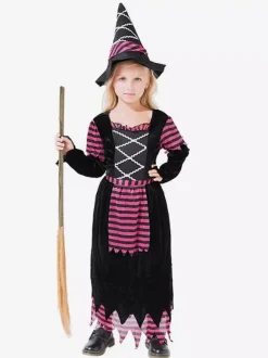Halloween Girls Witch Dress Purple Striped Costume With Matching Hat Halloween Cosplay Outfit For Kids