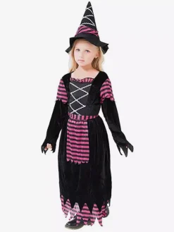 Halloween Girls Witch Dress Purple Striped Costume With Matching Hat Halloween Cosplay Outfit For Kids
