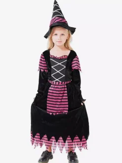 Halloween Girls Witch Dress Purple Striped Costume With Matching Hat Halloween Cosplay Outfit For Kids