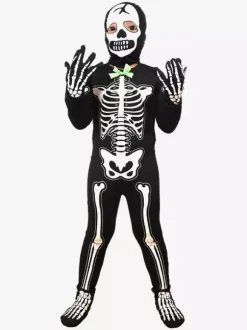Halloween Glow Skeleton Costume For Kids Blacklight Reactive Jumpsuit With 3D Bone Prints