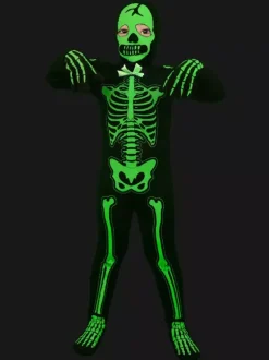 Halloween Glow Skeleton Costume For Kids Blacklight Reactive Jumpsuit With 3D Bone Prints