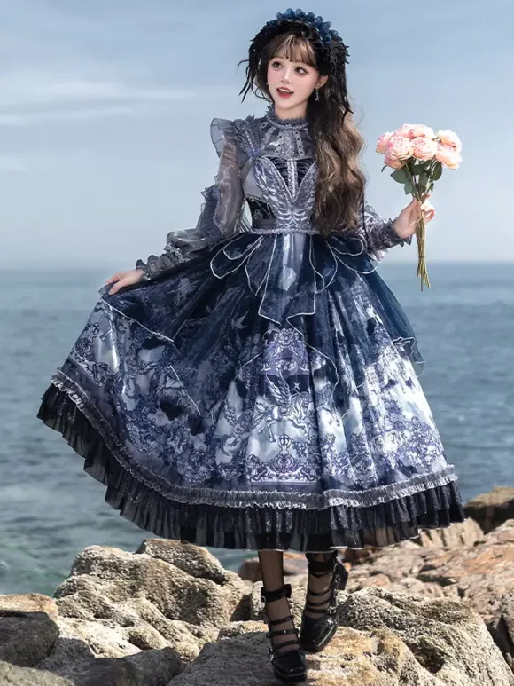 Halloween Gothic Party Lolita Dresses Ruffles Beaded Animal Print Floral Print Dresses