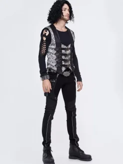 Halloween Gothic Punk Men's Jacquard Patchwork Ves Clothing Waistcoat Costumes Silver Top