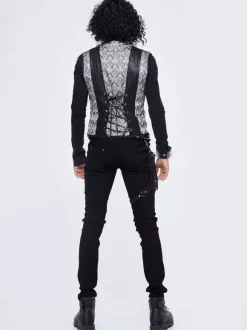 Halloween Gothic Punk Men's Jacquard Patchwork Ves Clothing Waistcoat Costumes Silver Top