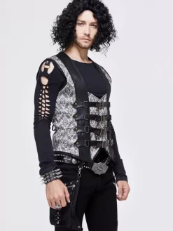 Halloween Gothic Punk Men's Jacquard Patchwork Ves Clothing Waistcoat Costumes Silver Top