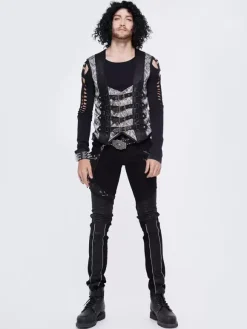 Halloween Gothic Punk Men's Jacquard Patchwork Ves Clothing Waistcoat Costumes Silver Top