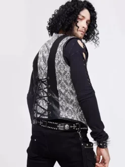 Halloween Gothic Punk Men's Jacquard Patchwork Ves Clothing Waistcoat Costumes Silver Top