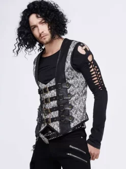 Halloween Gothic Punk Men's Jacquard Patchwork Ves Clothing Waistcoat Costumes Silver Top