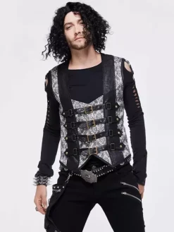 Halloween Gothic Punk Men's Jacquard Patchwork Ves Clothing Waistcoat Costumes Silver Top