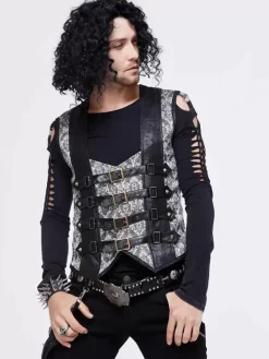 Halloween Gothic Punk Men's Jacquard Patchwork Ves Clothing Waistcoat Costumes Silver Top