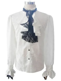 Halloween Gothic Shirts Men Carnival Costume White Top Long Sleeve Ruffles Lace Retro Blouses