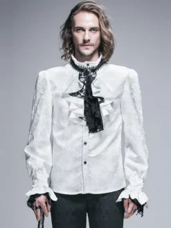Halloween Gothic Shirts Men Carnival Costume White Top Long Sleeve Ruffles Lace Retro Blouses