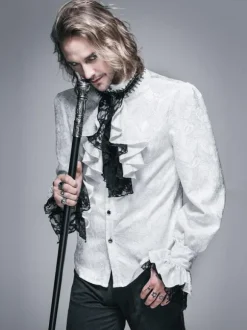 Halloween Gothic Shirts Men Carnival Costume White Top Long Sleeve Ruffles Lace Retro Blouses