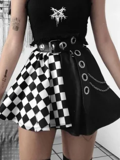 Halloween Gothic Skirt For Women Black Chains Grommets Hip Hop Polyester Plaid Pattern Mini Skirt