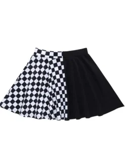 Halloween Gothic Skirt For Women Black Chains Grommets Hip Hop Polyester Plaid Pattern Mini Skirt