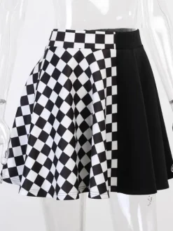 Halloween Gothic Skirt For Women Black Chains Grommets Hip Hop Polyester Plaid Pattern Mini Skirt