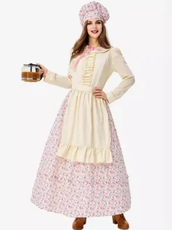 Halloween Halloween Costumes Pink Women's Elegant Apron Hat Polyester Floral Print Set Holidays Costumes