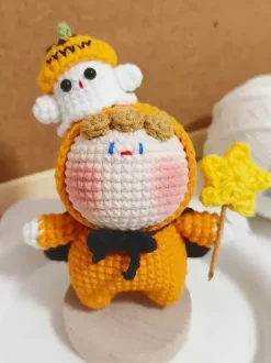 Halloween Hand-Knit Holiday Plushies Witch And Pumpkin Elf Dolls