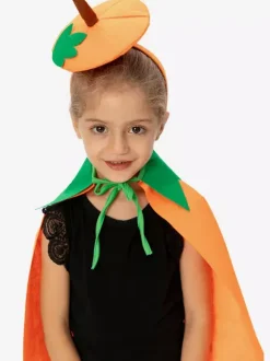Halloween Kids Pumpkin Cape Orange Plush Cloak With Leaf Hood Cute Trick-or-Treat Costume