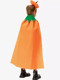 Halloween Kids Pumpkin Cape Orange Plush Cloak With Leaf Hood Cute Trick-or-Treat Costume