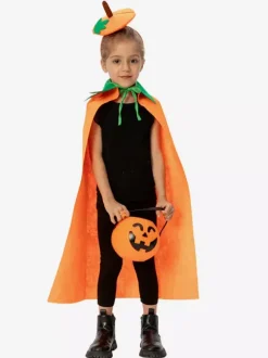 Halloween Kids Pumpkin Cape Orange Plush Cloak With Leaf Hood Cute Trick-or-Treat Costume