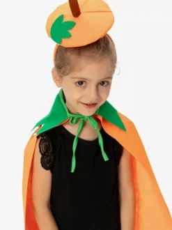 Halloween Kids Pumpkin Cape Orange Plush Cloak With Leaf Hood Cute Trick-or-Treat Costume