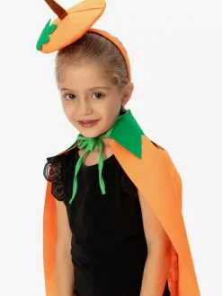 Halloween Kids Pumpkin Cape Orange Plush Cloak With Leaf Hood Cute Trick-or-Treat Costume