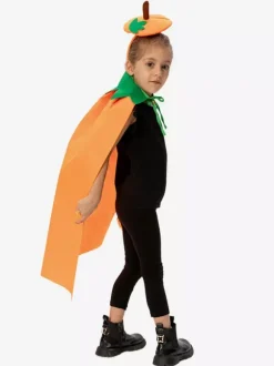 Halloween Kids Pumpkin Cape Orange Plush Cloak With Leaf Hood Cute Trick-or-Treat Costume