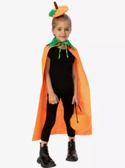 Halloween Kids Pumpkin Cape Orange Plush Cloak With Leaf Hood Cute Trick-or-Treat Costume