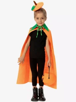 Halloween Kids Pumpkin Cape Orange Plush Cloak With Leaf Hood Cute Trick-or-Treat Costume