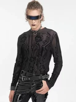 Halloween Men's Gothic Punk Dark Half-High Collar Sexy See-Through Top