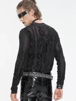 Halloween Men's Gothic Punk Dark Half-High Collar Sexy See-Through Top