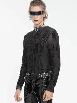 Halloween Men's Gothic Punk Dark Half-High Collar Sexy See-Through Top