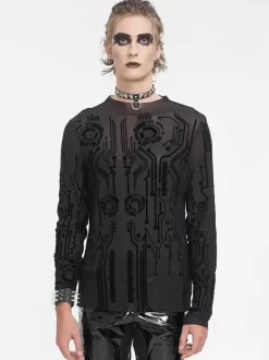 Halloween Men's Gothic Punk Dark Half-High Collar Sexy See-Through Top