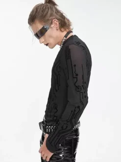 Halloween Men's Gothic Punk Dark Half-High Collar Sexy See-Through Top