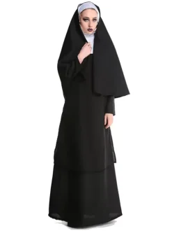 Halloween Nun Costume For Women Black Hooded Long Dress Headwear Holiday Costume Full Set