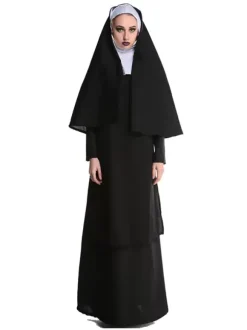 Halloween Nun Costume For Women Black Hooded Long Dress Headwear Holiday Costume Full Set